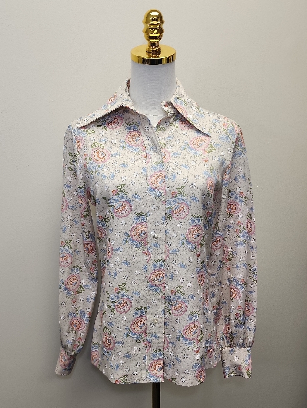 Lady Arrow Vintage Floral Print Button Down Blouse Pink Blue Size Medium